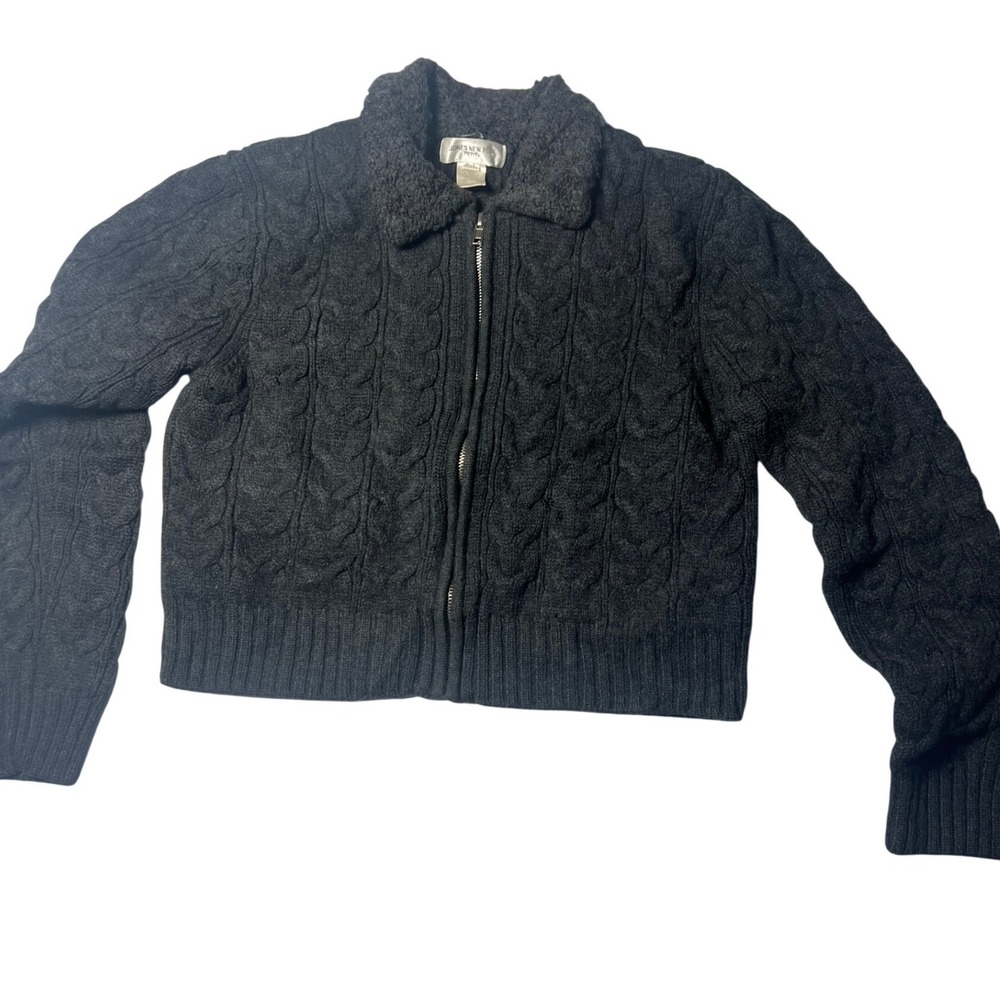 Jones New York Petite Wool Blend Cable Knit Zip Up Cardigan‎ Charcoal Gray PL